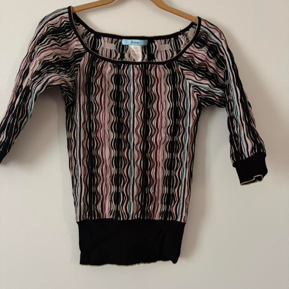 Marciano Runway Collection black, pink, and white wavy striped blouse in a S